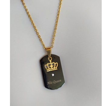 Naszyjnik stalowy Queen złoty łańcuch, czarny wisiorek ze złotą koroną