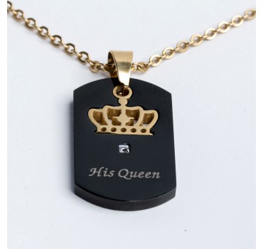 Naszyjnik stalowy Queen złoty łańcuch, czarny wisiorek ze złotą koroną